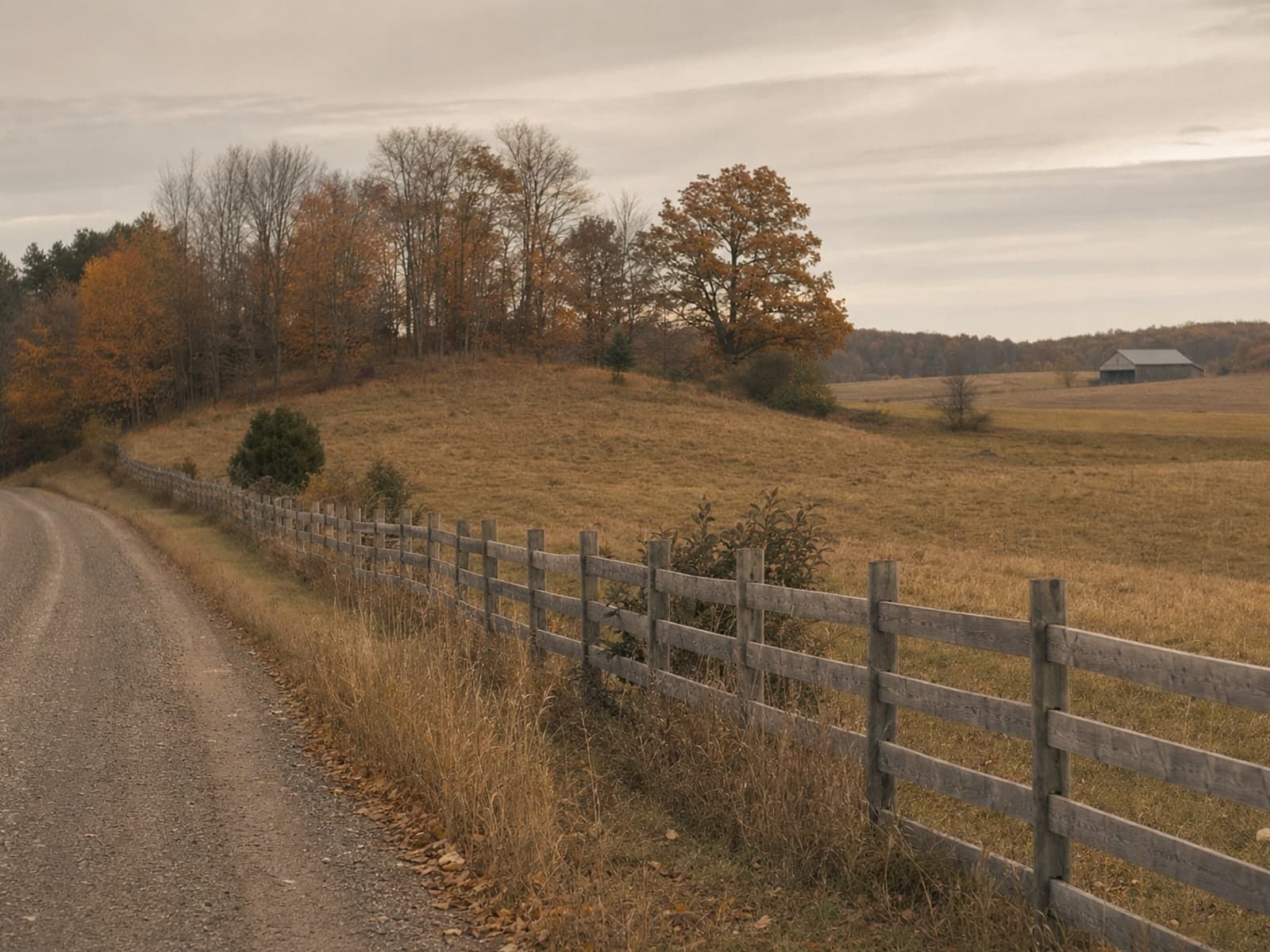 Rolling farmland behind a cedar rail fence along the shoulder of a gravel road