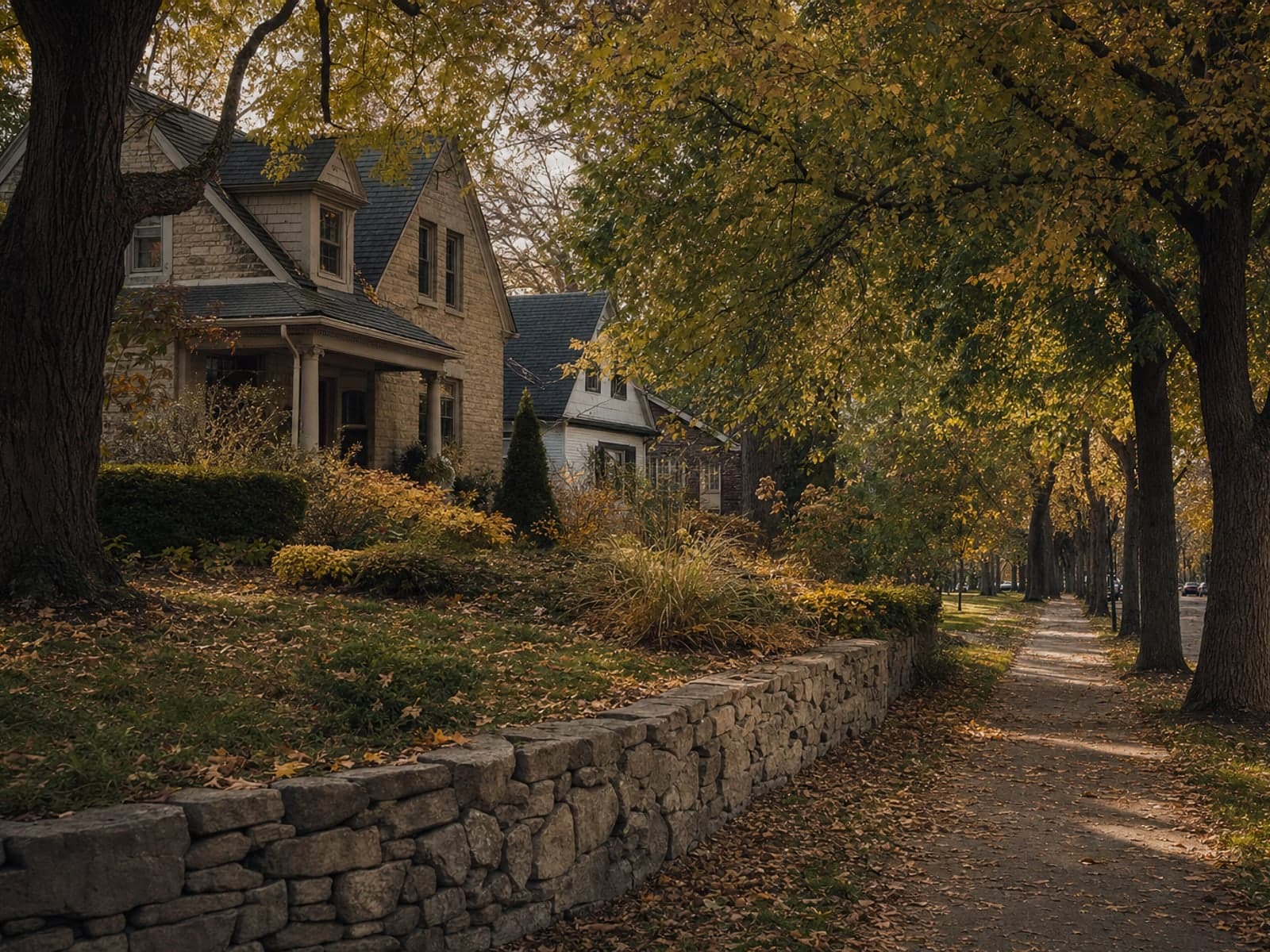 A wide street of long-established houses with deep front lawns and very large old trees