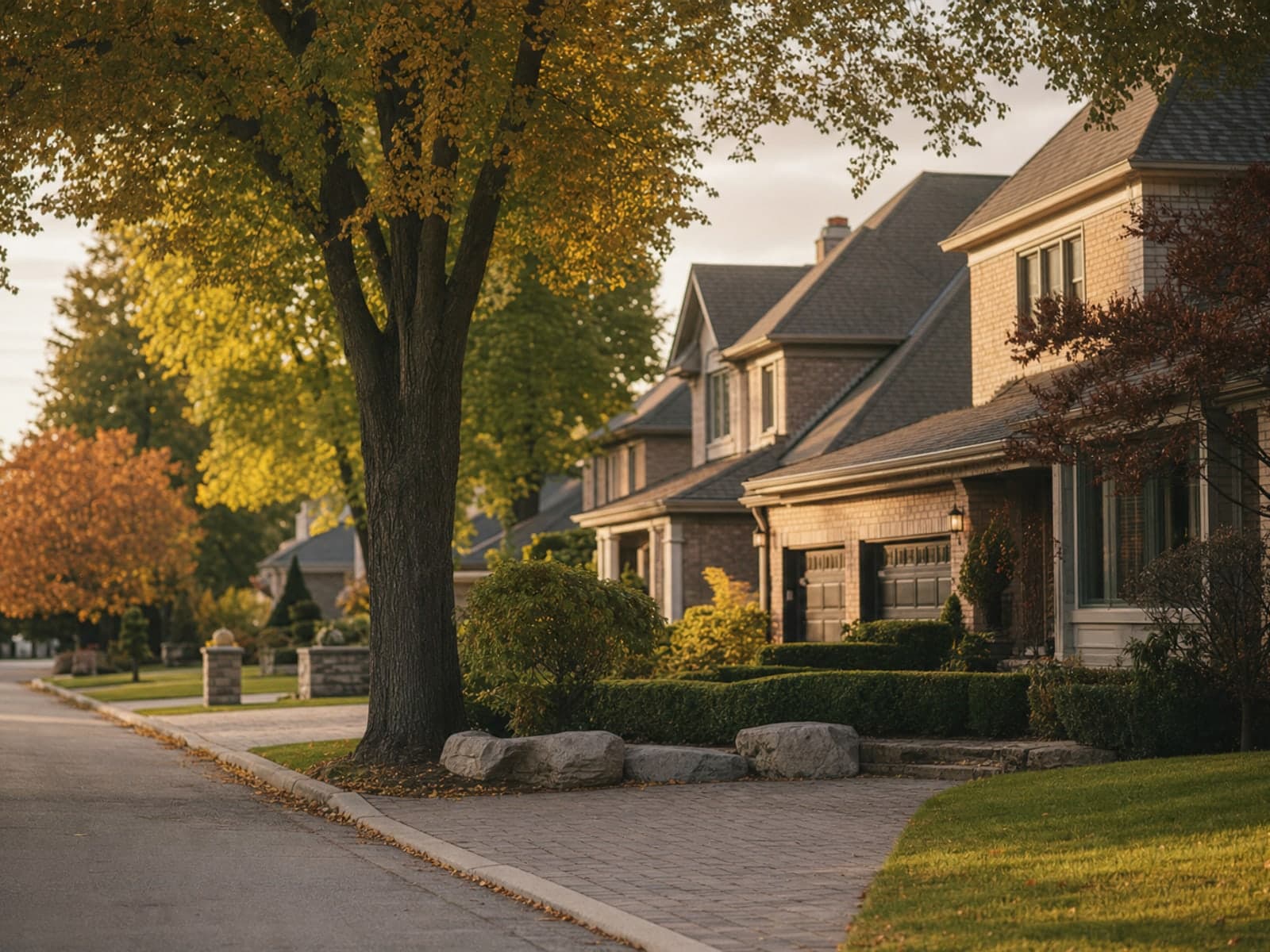 A mature suburban street of substantial houses with clipped hedges, in late golden light