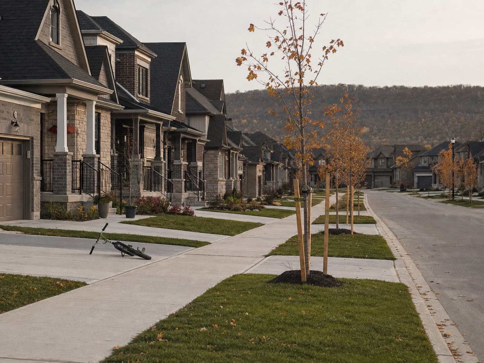A new subdivision street with fresh sod and young trees still tied to their stakes