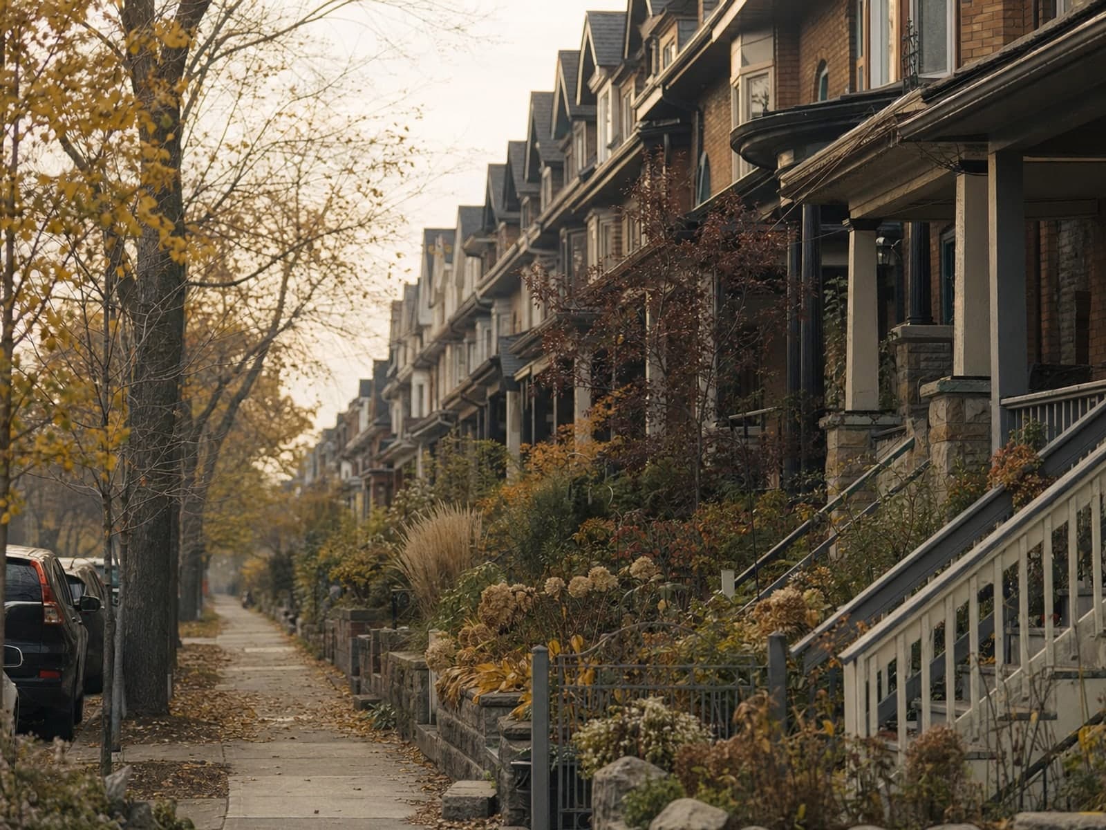 A dense street of narrow semi-detached brick houses with front porches, seen down its length
