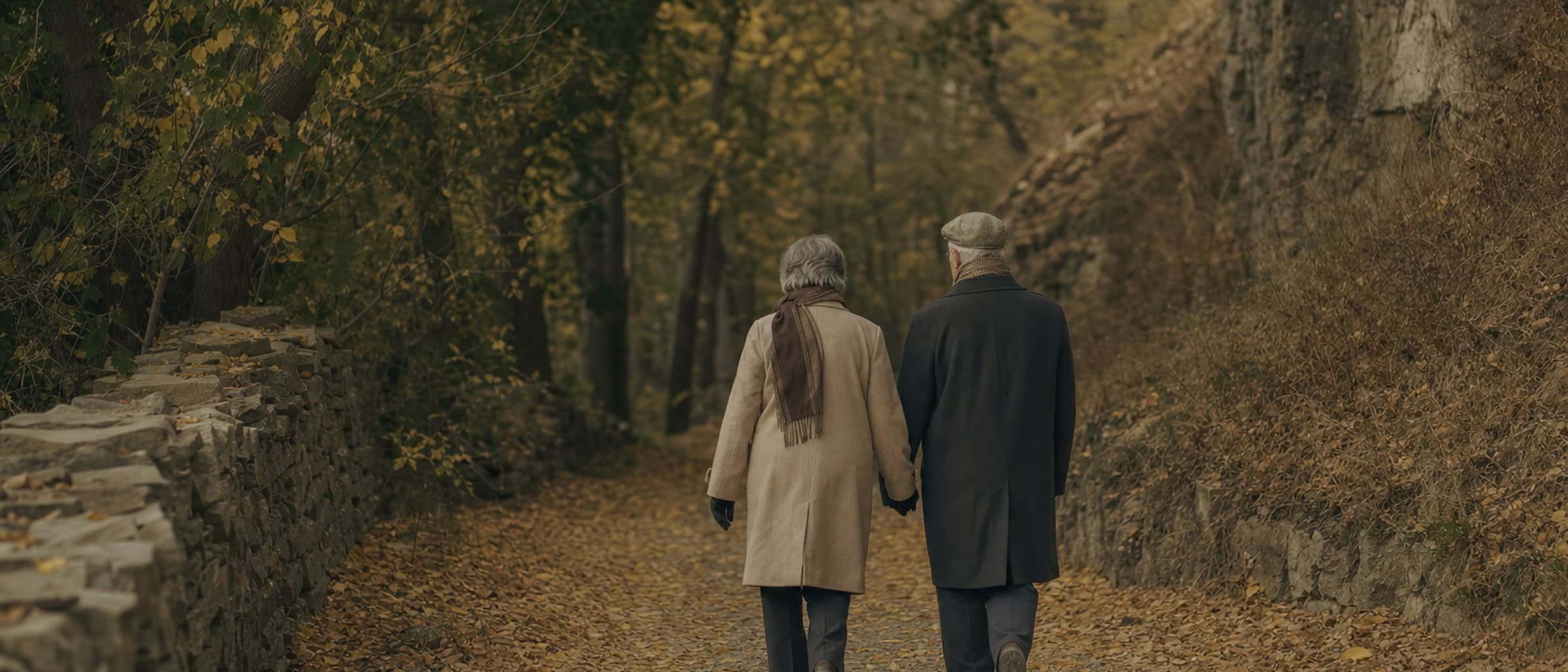 Two people walking away from the camera along a leaf covered path, holding hands