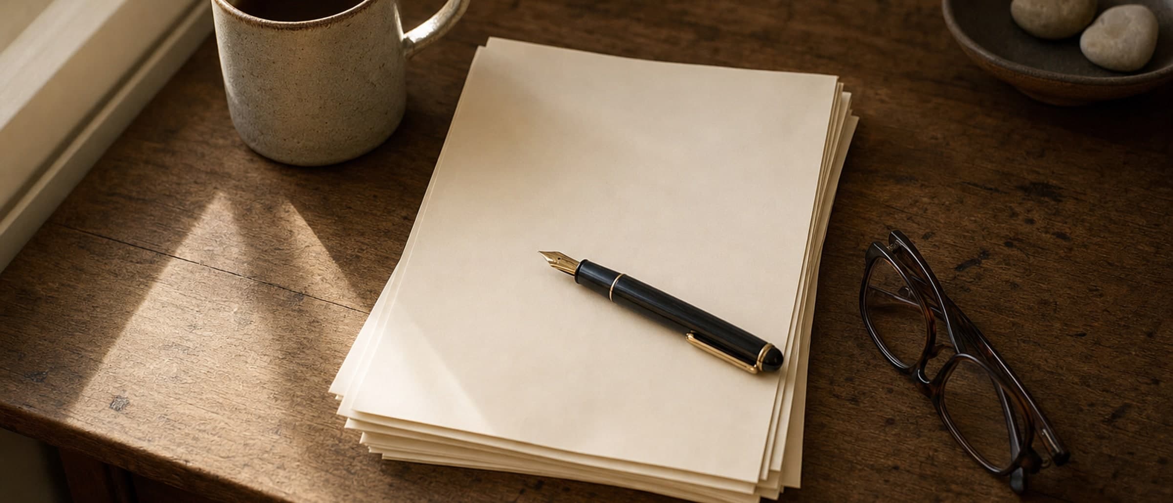 A pen resting on a stack of plain papers beside reading glasses and a mug