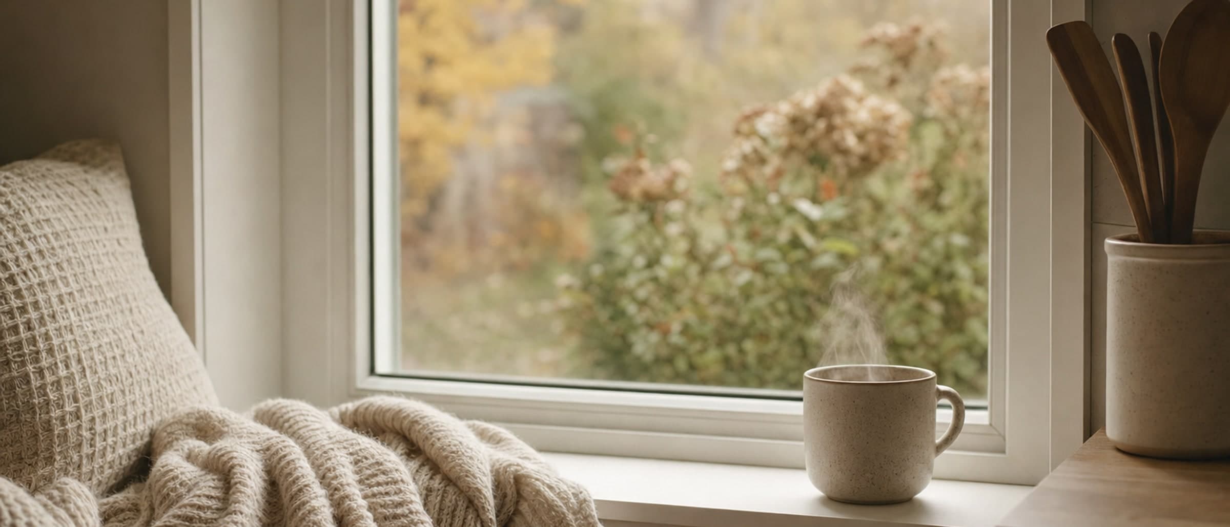 A kitchen window seat with a blanket and a steaming mug, autumn garden beyond