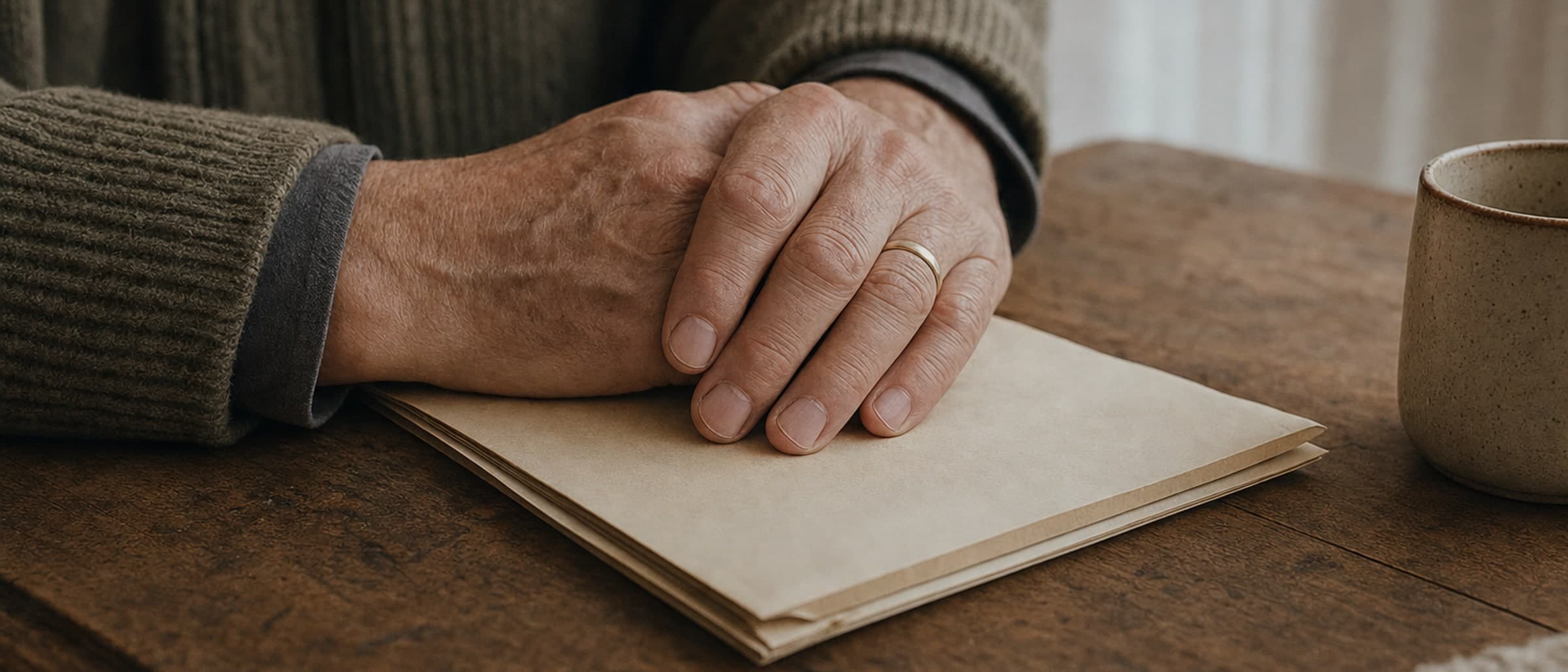 A pair of older hands resting on a folded document at a kitchen table