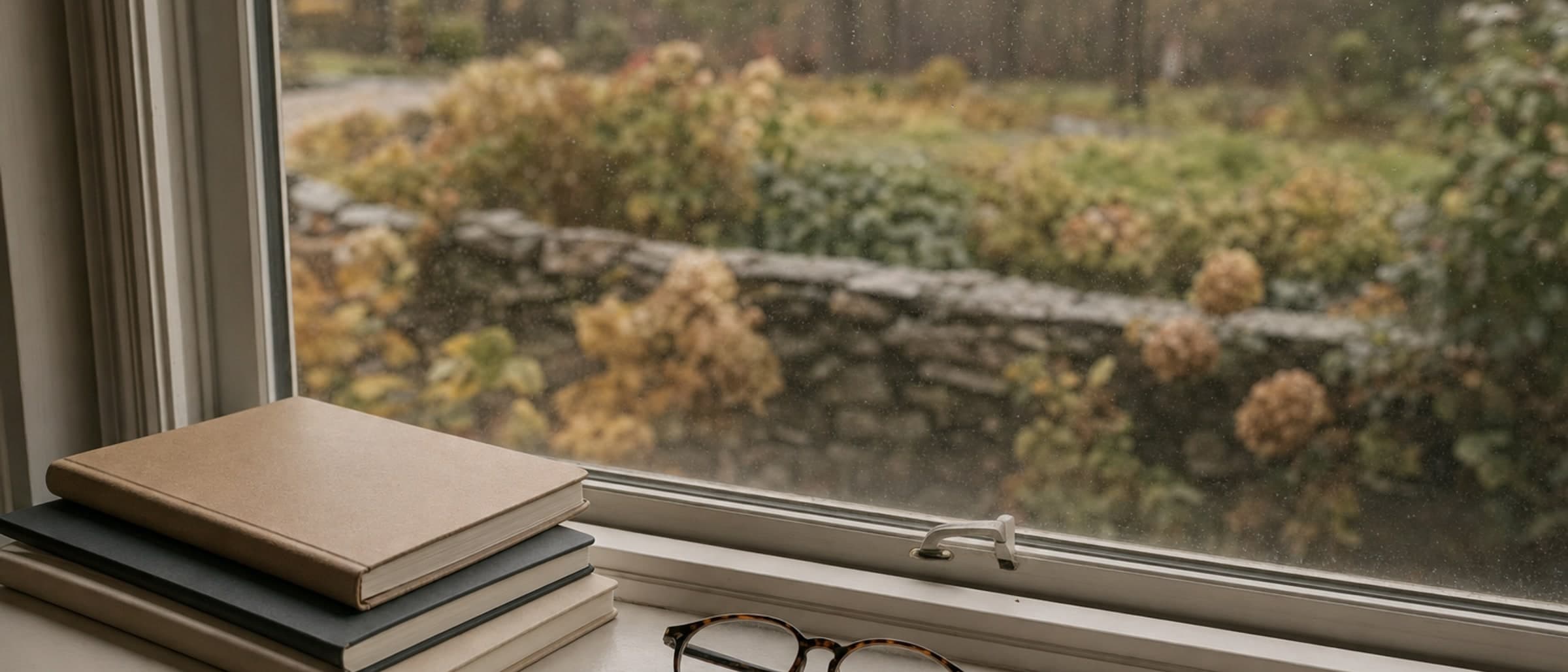 Closed notebooks and reading glasses on a windowsill, a garden beyond the rain flecked glass