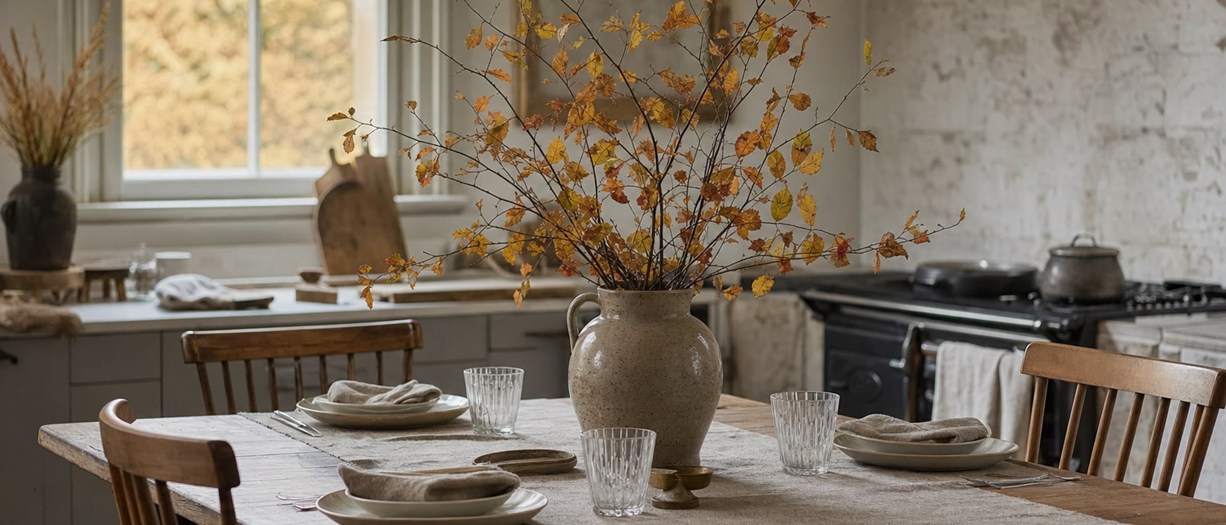 A kitchen table laid for a family meal before anyone sits down