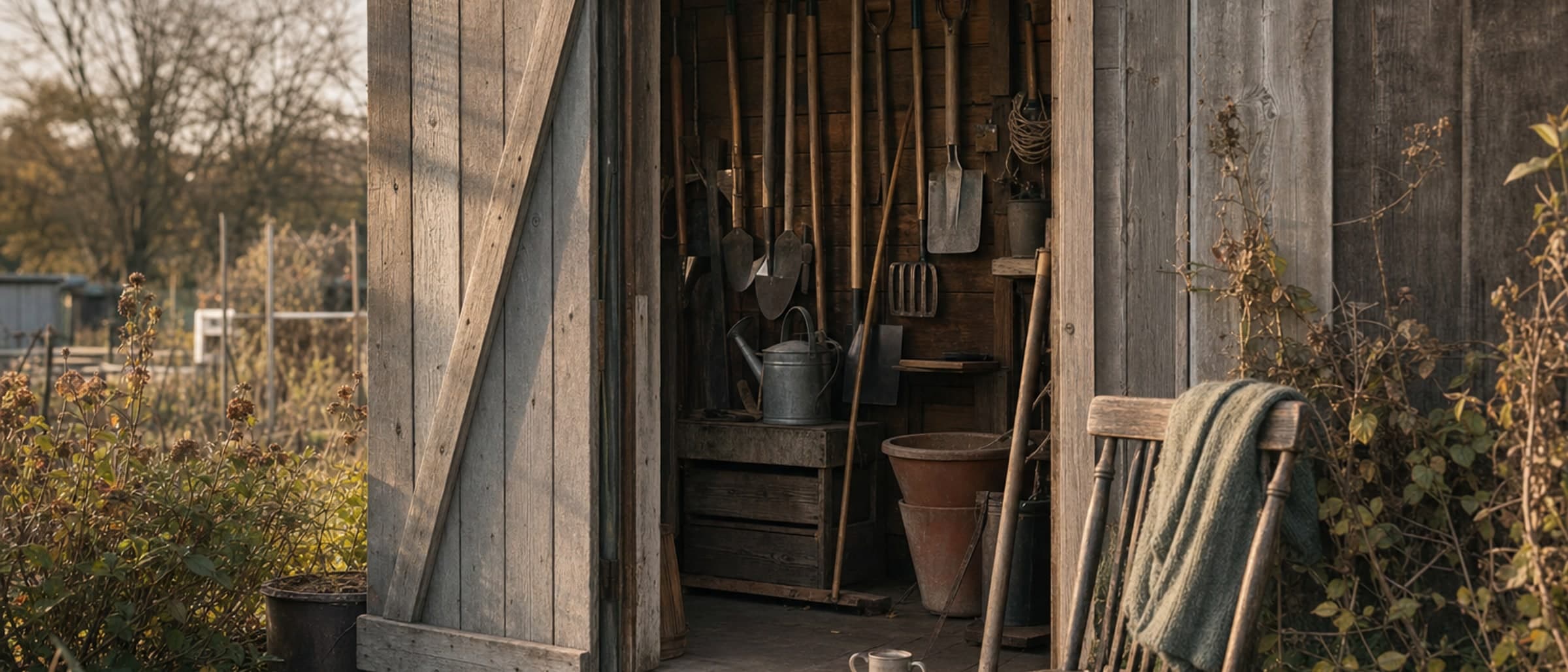 An allotment shed door standing open with tools hung in order inside